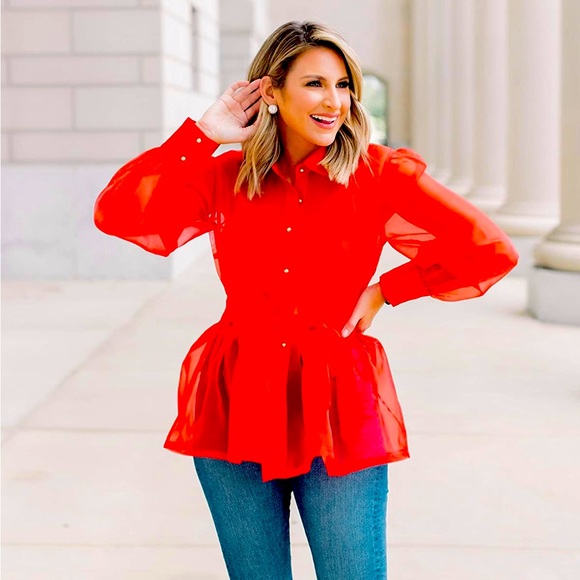 Sheer red blouse with gold buttons by Shopdandy - Picture 3 of 6